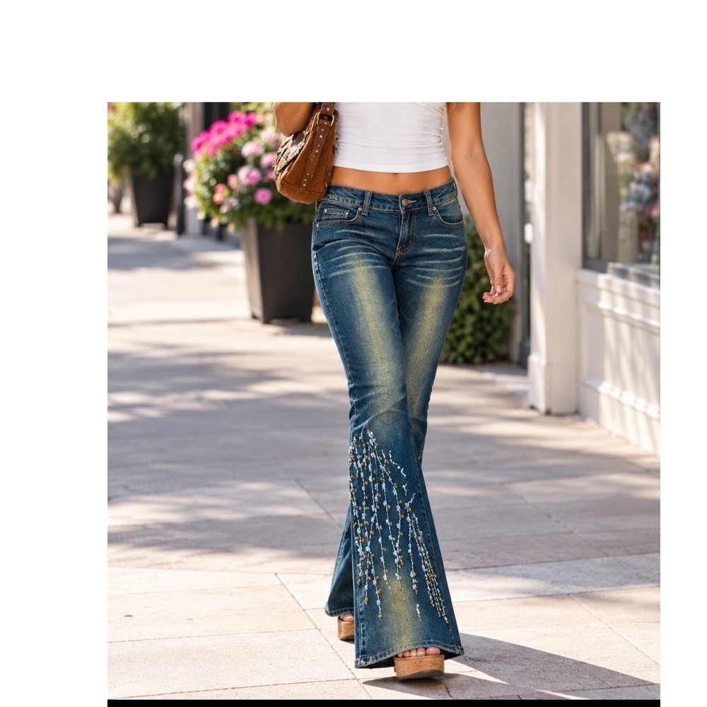 Y2K joy jeans Beaded Flare Jeans Dark Wash Whiskered Denim Boho 14 low raue